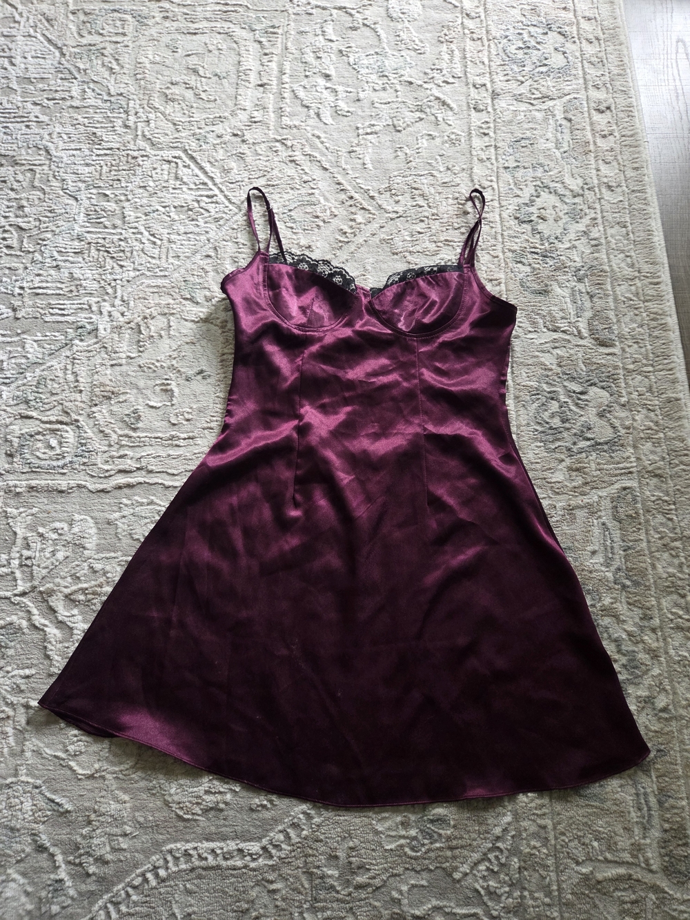 Satin Lace-Trim Slip Dress in Plum